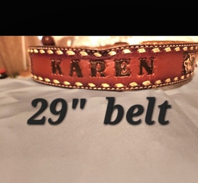 Western Leather Hand Tooled Belt, KAREN monogram 29'',  Vintage 1978,  Irving TX,