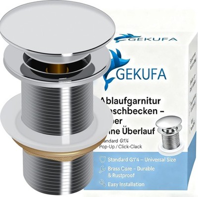 Drain Fitting Sink without Overflow Silver - Pop Up Click-Clack Drain Valve G1¼ 