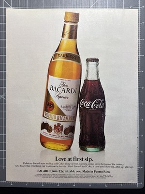 1983 Print Ad Ron Bacardi Superior Puerto Rican Rum Coca Cola Love At First Sip