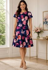 NWT Eliza J Floral Print Navy Fit & Flare Dress Casual Career Colorful Pockets