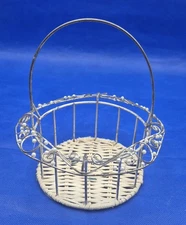 Small Decorative Basket Wire Frame Wicker Bottom Faux Pearl Accents 7x7"
