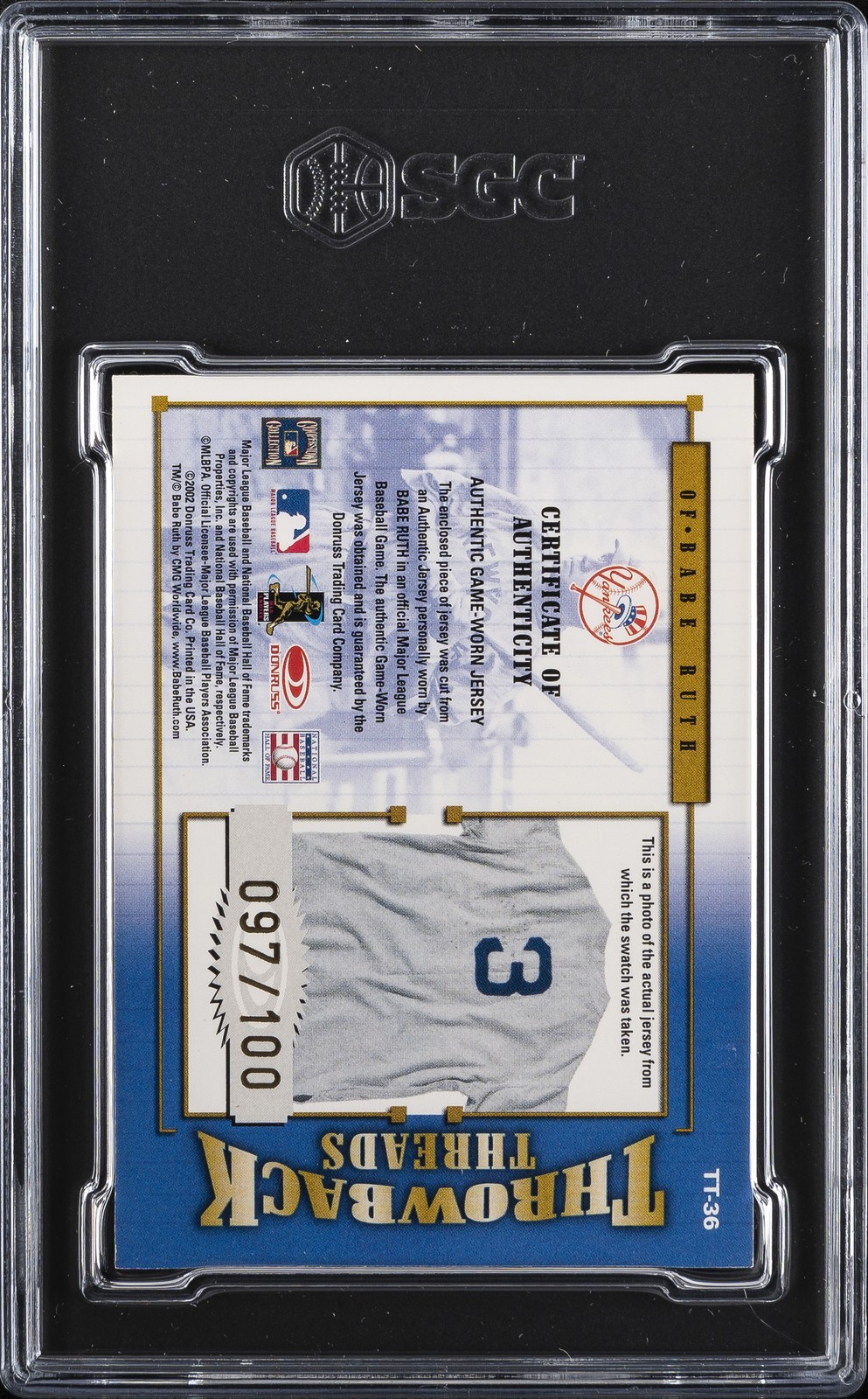 2002 DONRUSS ELITE THROWBACK THREADS BABE RUTH SGC 8 view 2