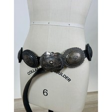 Vintage Buffalo Dancer Western 10 Concho Leather Belt Sterling Silver Black