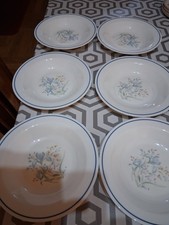 Vintage Pyrex Blue Iris Set of 6 Rimmed Cereal Bowls Milk Glass 8.5" diameter 