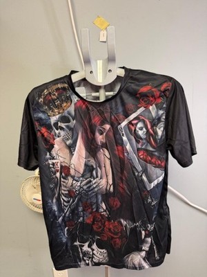 Men's Gothic Skull Crown King Queen Cards Red Roses All Over Print T-Shirt Size