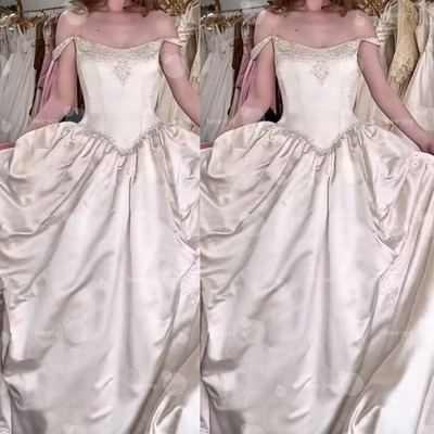 Ivory Satin Wedding Dress Beaded Neckline Off-the-Shoulder Vintage Bridal Gowns
