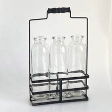 3-Bottle Clear Glass Vase Set Metal Stand Handle Propagation Station Farmhouse