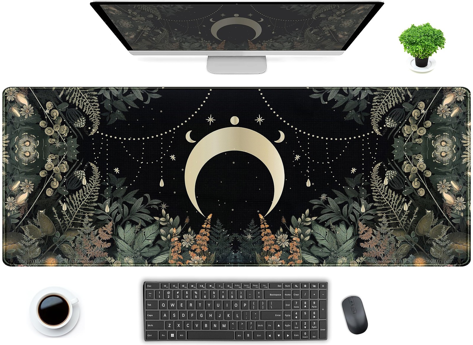 Cute Green Forest Leaves Desk Mat Whimsical Moon Mousepad XL Large Extended G...