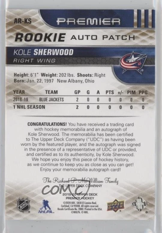 2019-20 Premier Acetate Rookie Gold Spectrum /49 Kole Sherwood RPA Patch Auto RC - Image 2 of 2