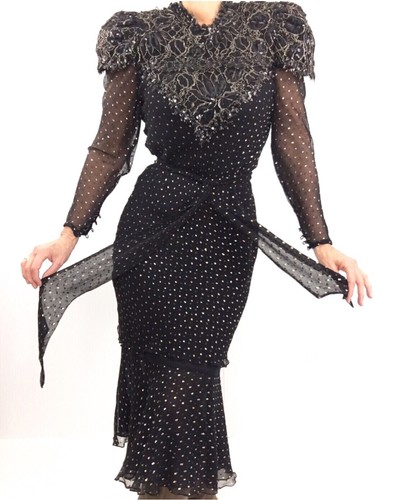 Vintage Judy Hornby Pure Silk Heavily Beaded Bodice Dress W/ Polka Dots Size M - Picture 4 of 13