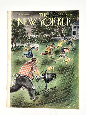 August 20, 1949 New Yorker People having picnic running inside due to rain