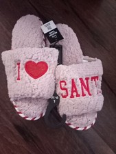 Slippers I Love Santa Memory Foam Pink Red Heart Womens