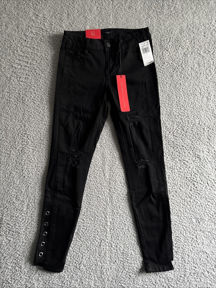 Celebrity Pink Black Women's Juniors' Mid Rise Skinny Ankle Jeans