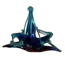 Vintage Murano Stretch Art Glass Basket Aqua Green Cobalt 8 Inch W X 7 Inch Tall