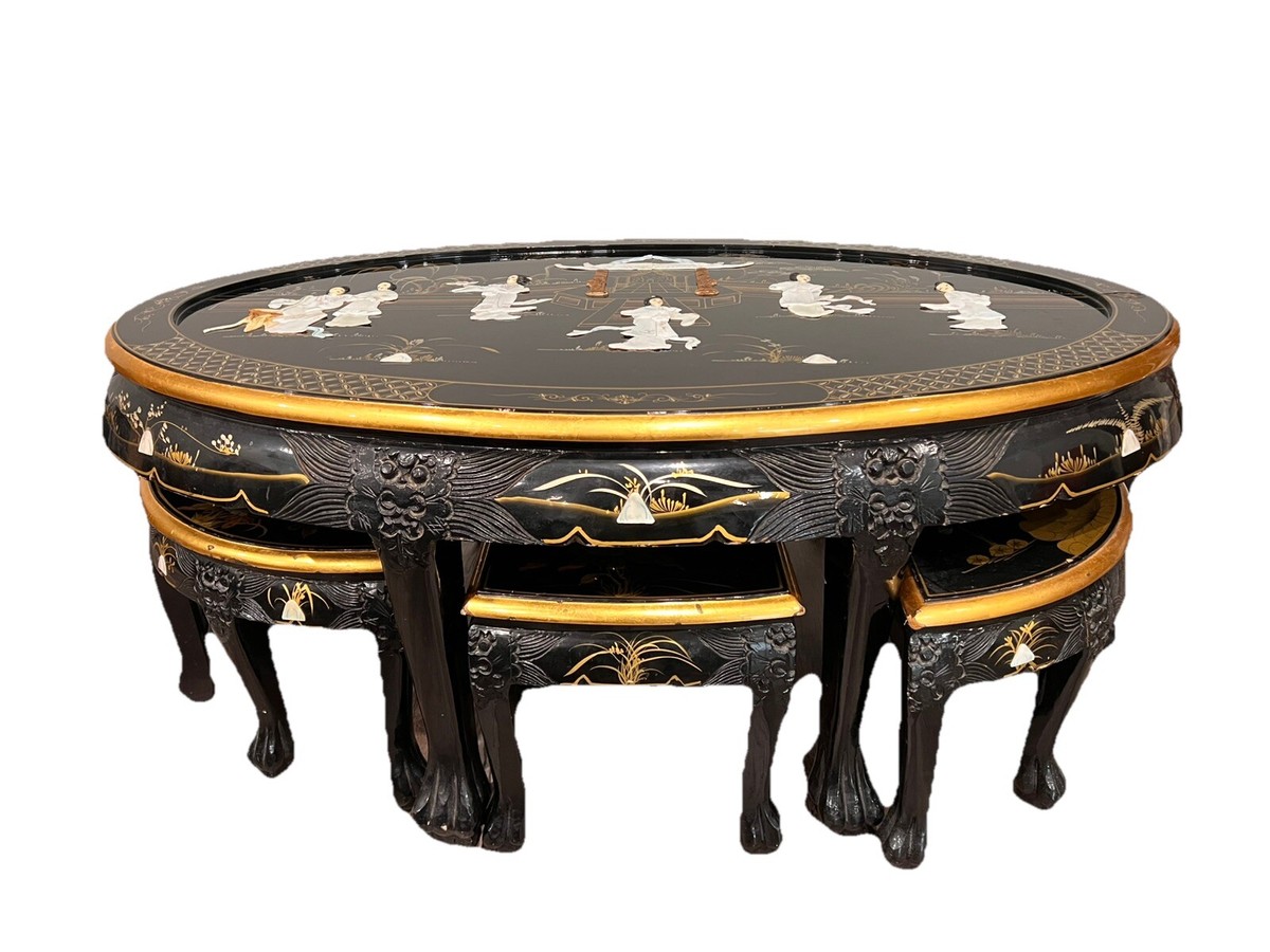 Chinese Black Lacquer Mother of Pearl Oval Nesting Coffee Table
