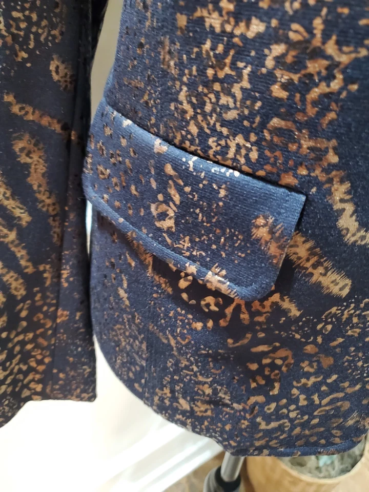 Alfred Dunner Navy Metallic Gold Mandarin Long Sleeve Full Zip Jacket Size 16 - Image 4 of 4