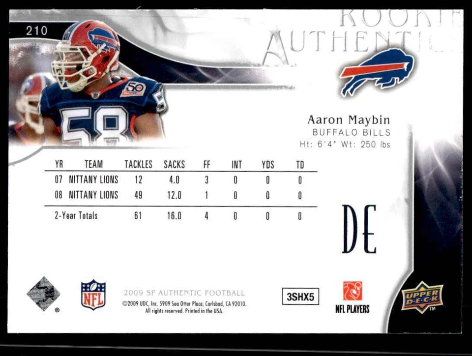 2009 SP Authentic Aaron Maybin Rookie 479/999 Buffalo Bills #210 R125 - Image 2 of 2