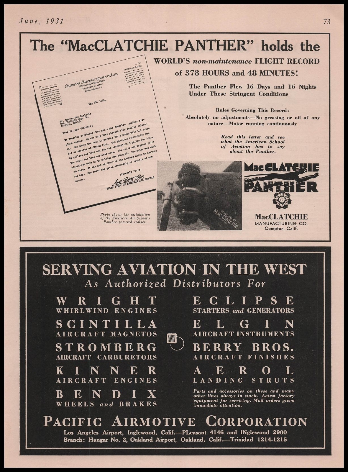 1931 MacClatchie Co. Compton California Photo Panther Aircraft Vintage Print Ad