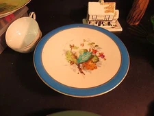 Vintage Hand Painted 9" Footed Plate/Stand Blue Edge Unmarked