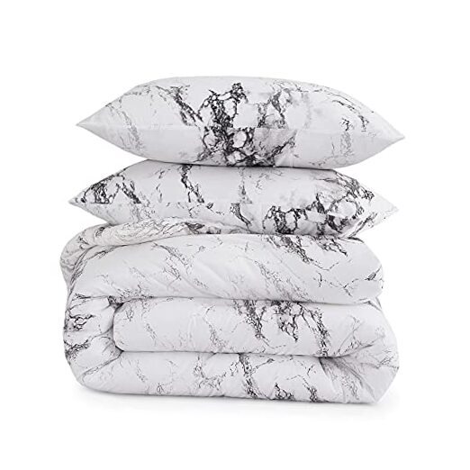 - Marble Comforter Set, Gray Grey Black and Pattern Printed, Soft Queen White