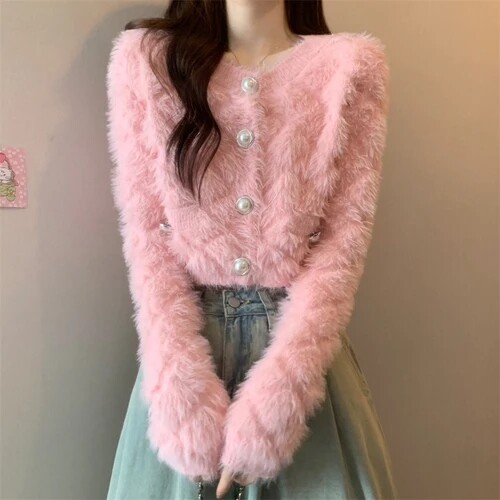 Knitted Cardigan Women Autumn Winter Round Neck Slim Short Plush Sweater Tops - Bild 5 von 9
