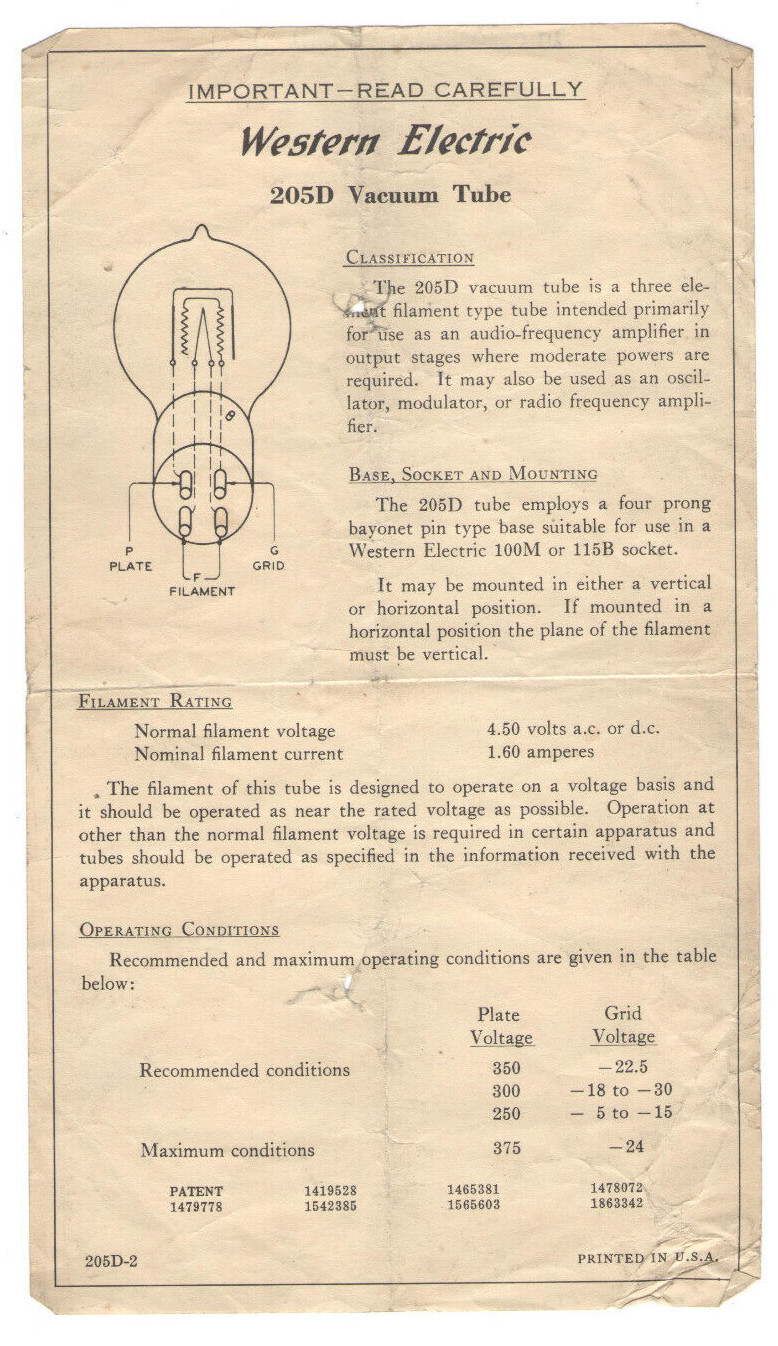 VINTAGE 1930s ORIGINAL WESTERN ELECTRIC 205D VACUUM TUBE SPECIFICATION
