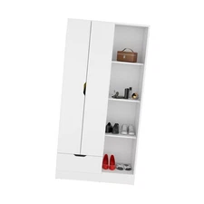 Modern White Armoire with 1 Drawer, 4-Tier Shelves & 2-Door Cabinet, Wood Design