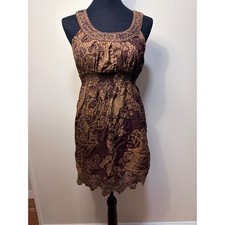Mine Dress S T5614 Brown Floral Boho Smocked Mini Embroidered Lace Trim
