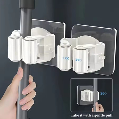 4 Pack Wall Mounted Mop Holder Self Adhesive Broom Hanger Bathroom Kitchen Rack
