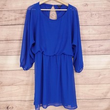 Express Dress Womens L Blue Blouson Chiffon Long Sleeve Scoop Neck Short Mini