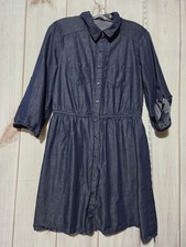 AS U WISH Shirt Dress Womens XL Blue Chambray Button Front Roll Tab Made USA