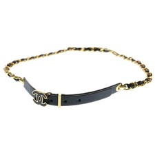 AUTH CHANEL CHAIN BELT COCO MARK GOLD PLATED BLACK LEATHER WOMEN'S F/S