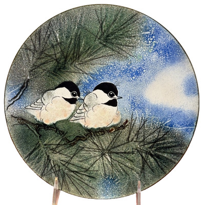 Vtg Norman Brumm Signed Enamel on Copper Plate 8 3/4'' 2 Chickadees Winter Scene