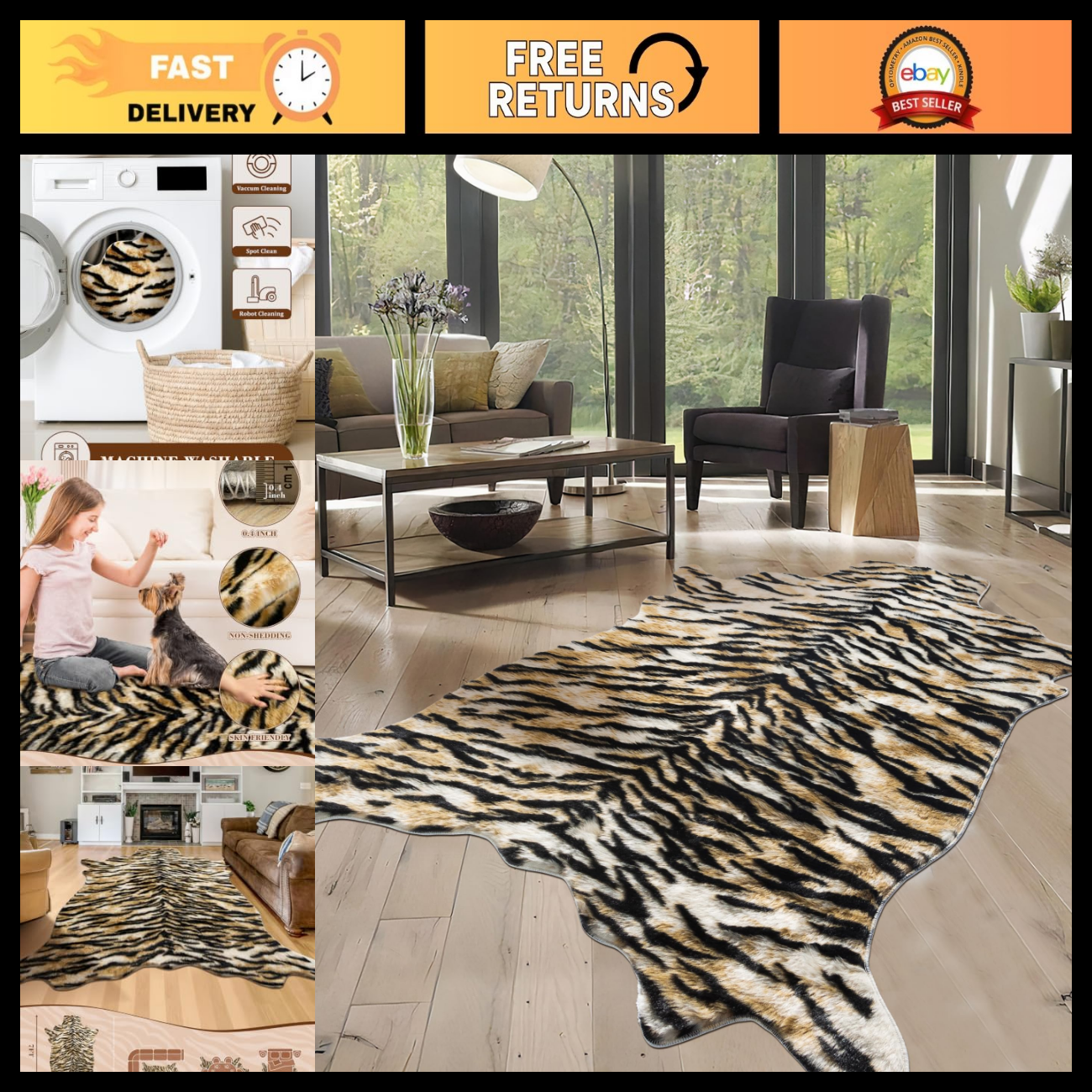 Tiger Print Area Rug 5.2x7 ft, Faux Animal Fur Carpet for Bedroom ...
