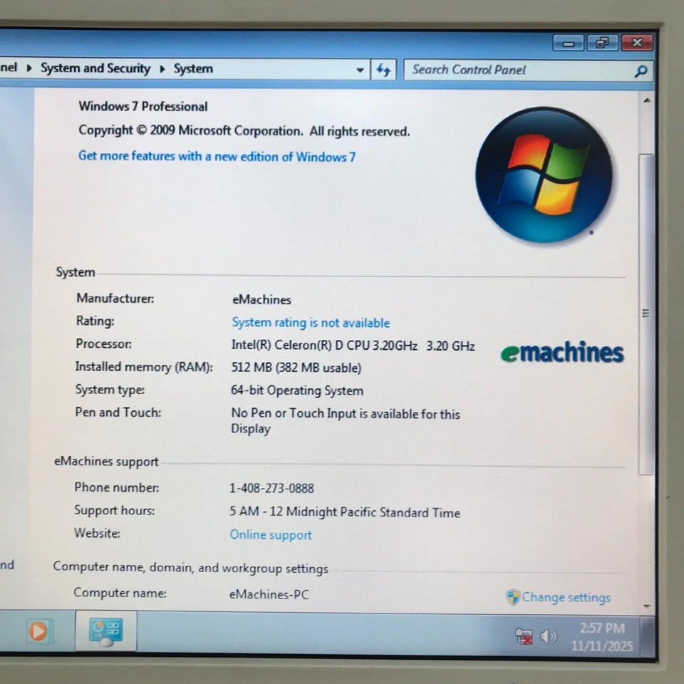 PC retro para juegos eMachines T3516 Celeron D 3,20 GHz 512 MB de RAM (Windows 7 Pro) Foto 3 de 4