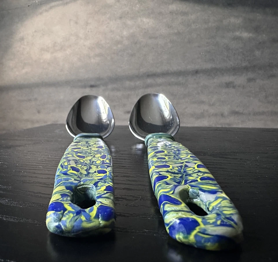 2 Artisan Serving Spoons, hand decorated with blue and green marbled clay, 10”  - Image 4 of 4