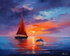 Leonid Afremov SAILBOAT AT DUSK Oil Painting 24"x20" by Official Studio GICLEE