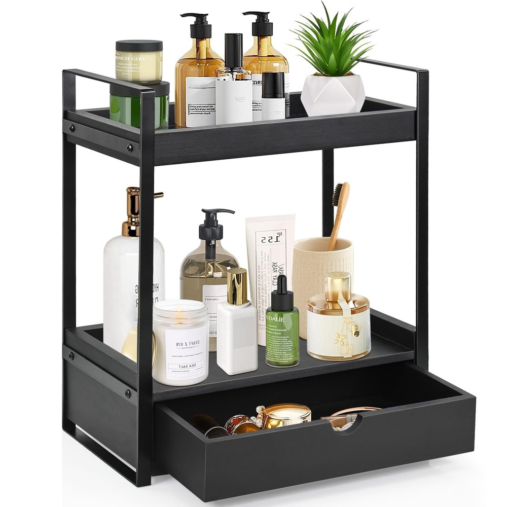 2tier Bathroom Organizer Countertop With Drawer Wood Counter Shelf For Bathroom