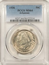 1936 ARKANSAS COMMEMORATIVE HALF DOLLAR - PCGS MS-64, WHITE!
