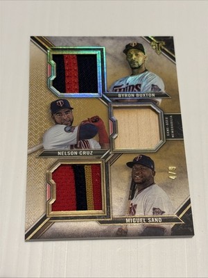 2021 Topps Triple Threads Relic Byron Buxton, Nelson Cruz, Miguel Sano Gold /9