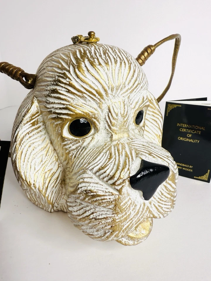 Timmy Woods Beverly Hills Caniche Cabeza de Perro Cartera Bolso de Mano Madera Tallada Etiquetas Certificado de Autenticidad Foto 3 de 4