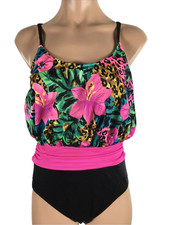 Vintage Sea Fair bright pink black floral leopard one piece bathing suit 11/12