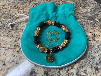 NEW!! Rustic Cuff Bracelet Stretch EMERSON Black & Gold w/ Gold Charm & Pouch