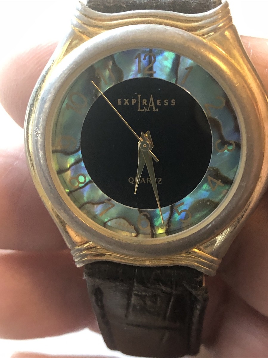 LA Express Abalone Ladies Watch Black Leather Band Round 34  display picture 2