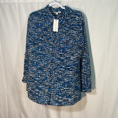  NOTATIONS white black blue button up roll tab sleeve top L