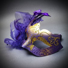 Gold Masquerade Mask w/ Purple Flower Women Venetian Mardi Gras Party Dress Up