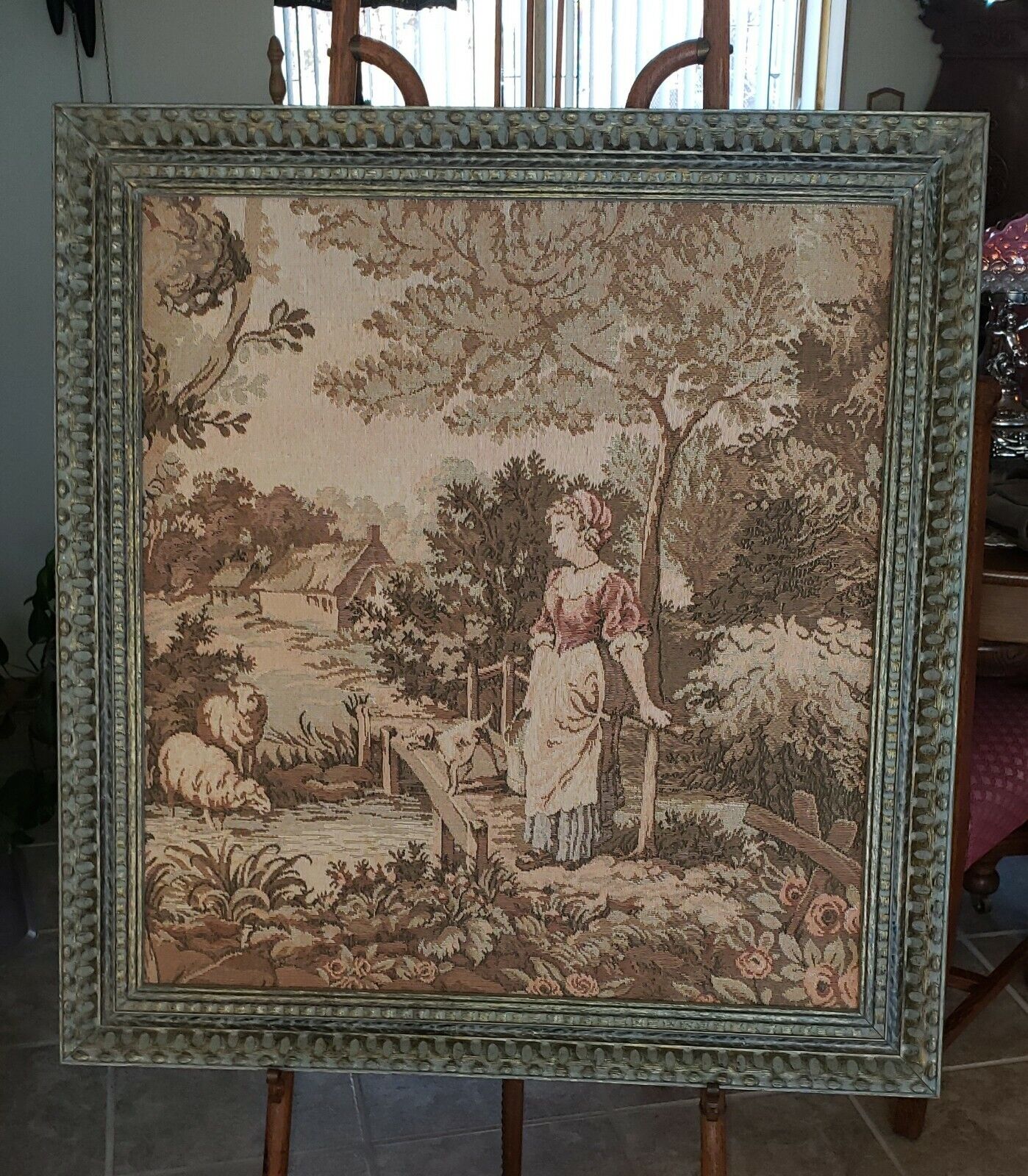 25" x 23" Large Framed Vintage French Tapestry "Maiden" (country) Wall Hanging