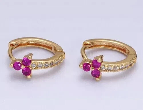 14k Yellow Gold Plated 1.5Ct Round Cut Created Diamond Ruby Huggie Hoop Earrings - Image 2 of 3