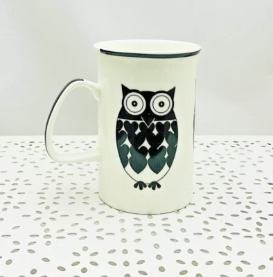 tasse en céramique blanche motifs hibou noir 11 x 7,5 cm env - Photo 1/4