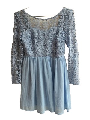 Yoins size  S blue  crochet floral lace top long sleeve flare lined dress. H12